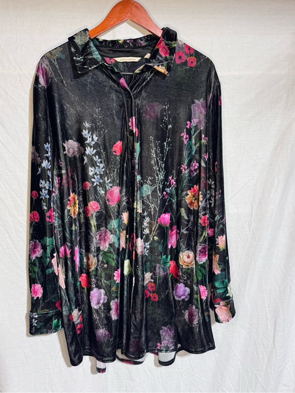 Soft Surroundings Black Velvet Floral Button-Down Shirt